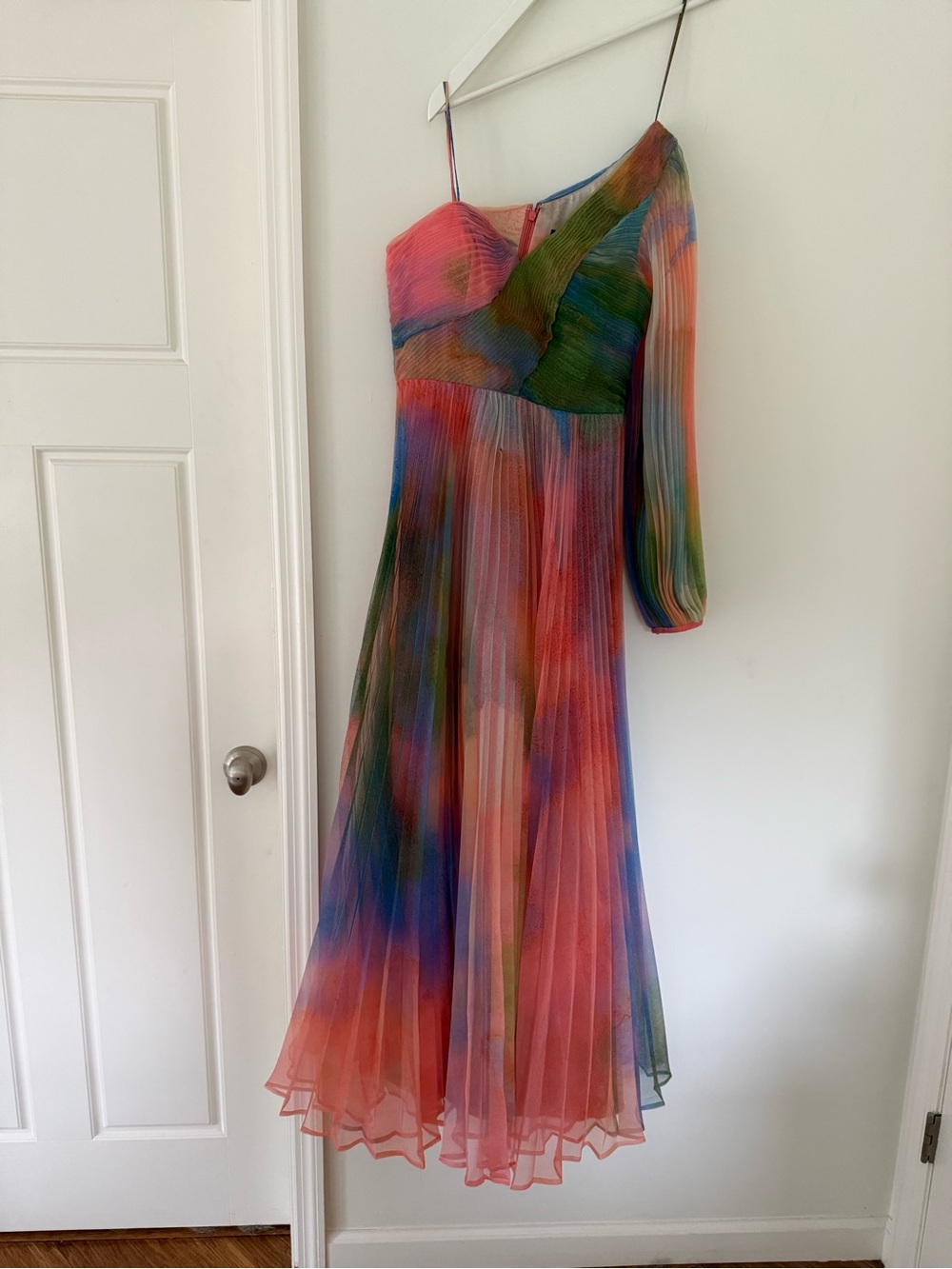 Multi-Color One-Shoulder Pleated Midi Dress